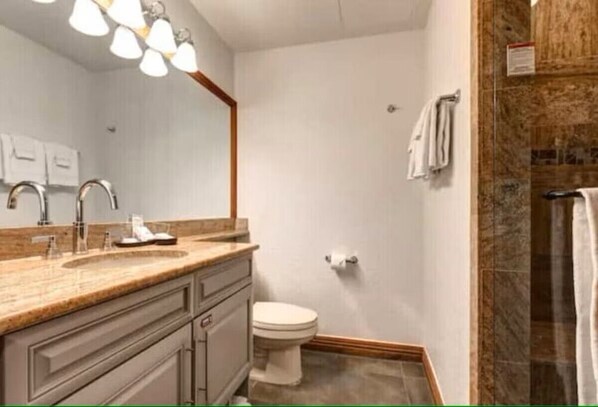 Une salle de bain équipée d’un lavabo, d’un miroir, de toilettes et d’un espace douche.