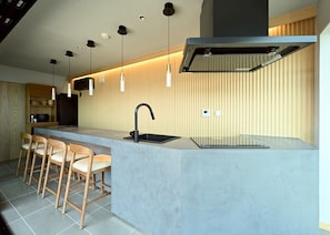 Villa de lujo, para no fumadores, vista al océano | Cocina privada | Refrigerador con congelador, microondas, horno y parrilla de estufa