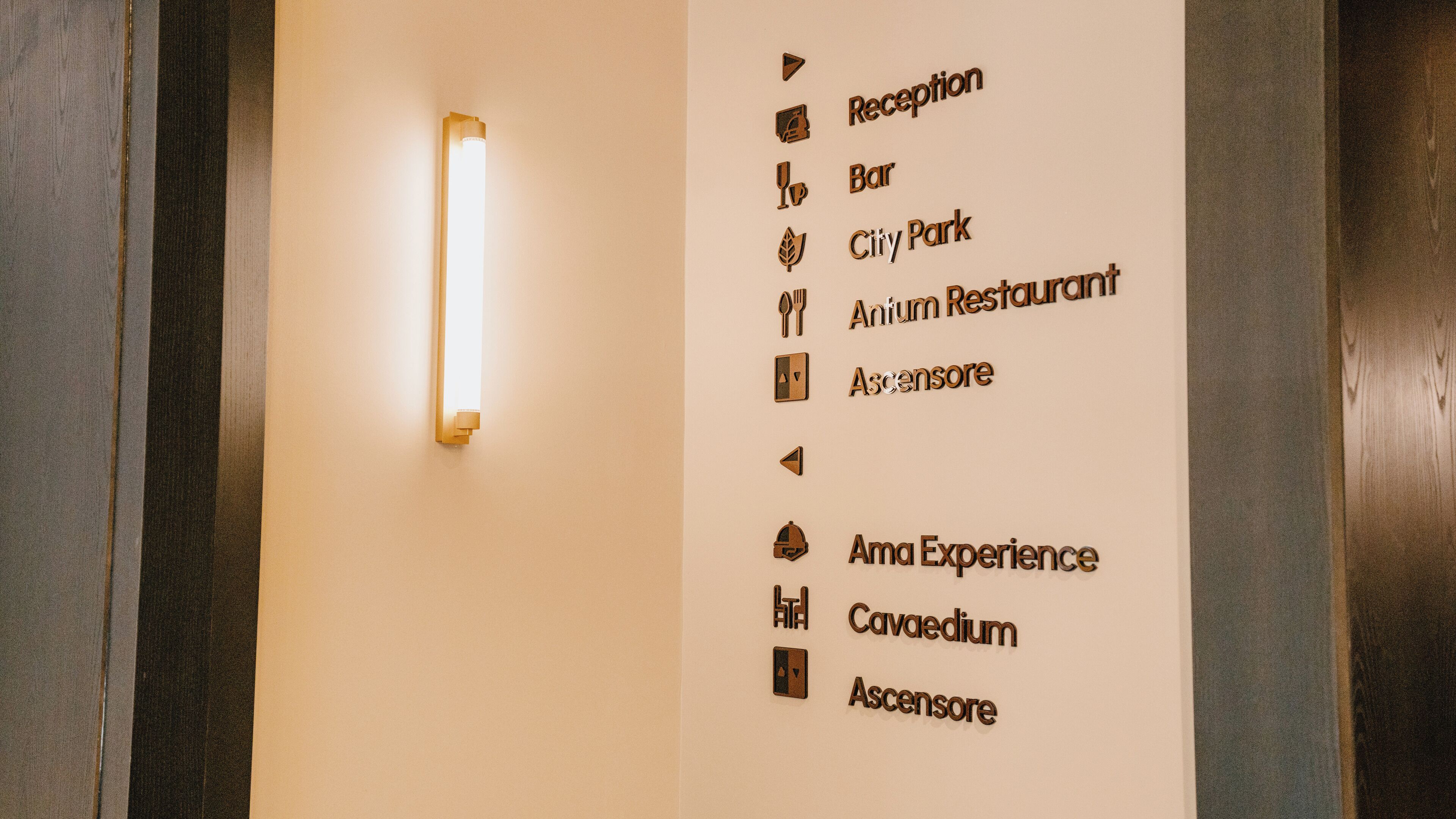 A wall with directional signs for Reception, Bar, City Park, Amum Restaurant, Am Experience, Cavaedium, and Ascensore.