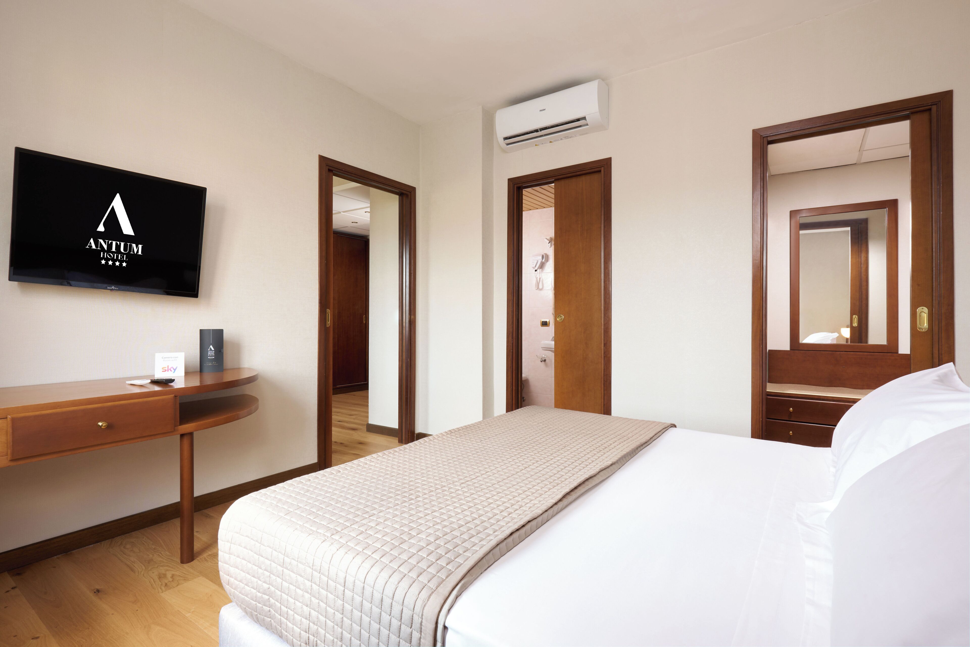 Una habitación de hotel con cama, escritorio, televisor y puerta de baño.