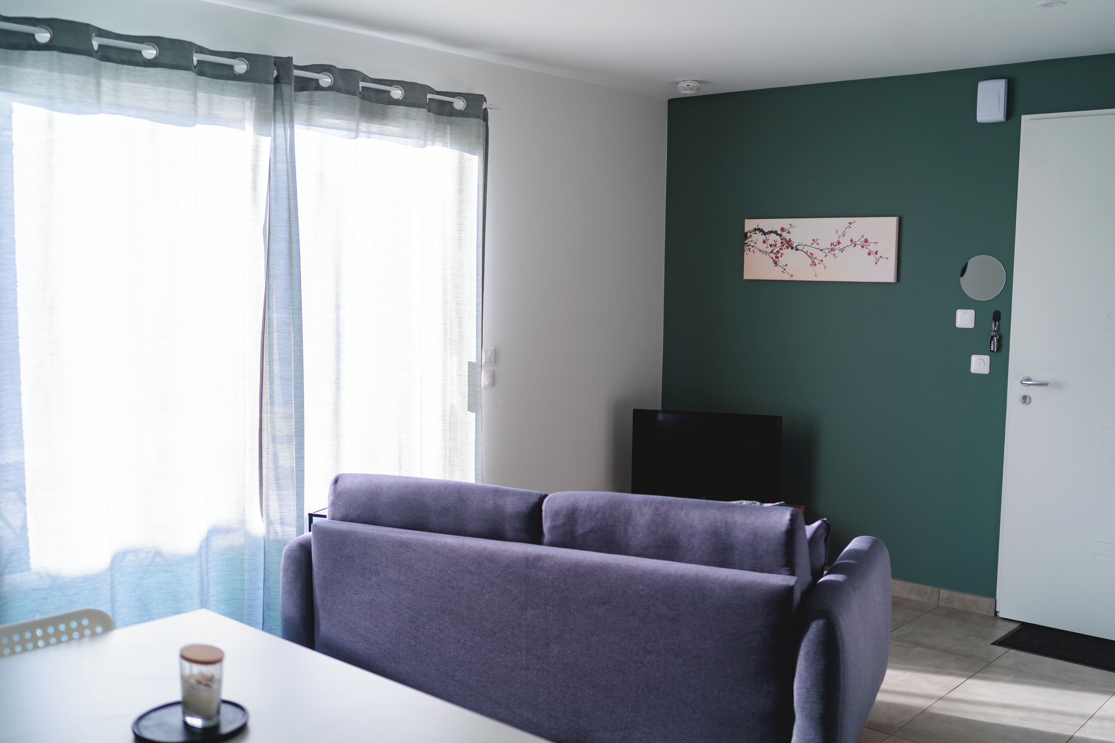 A room with a sofa, a table with a candle, a TV, and a door.