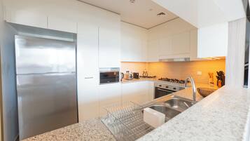 Full-sized fridge, microwave, oven, stovetop