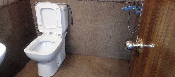 A bathroom with a toilet, a shower, and a door. - The heaven wood cabin (Nuwaraeliya)