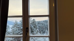 A window with a view of snow-covered trees and mountains. - Large mountain house in Mitterberg near Hauser Kaibling (Mitterberg)