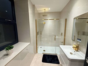 Shower, hair dryer, towels