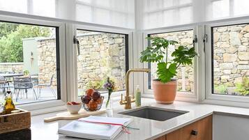 A kitchen with a stone wall view, a sink, a potted plant, and a bowl of fruit.