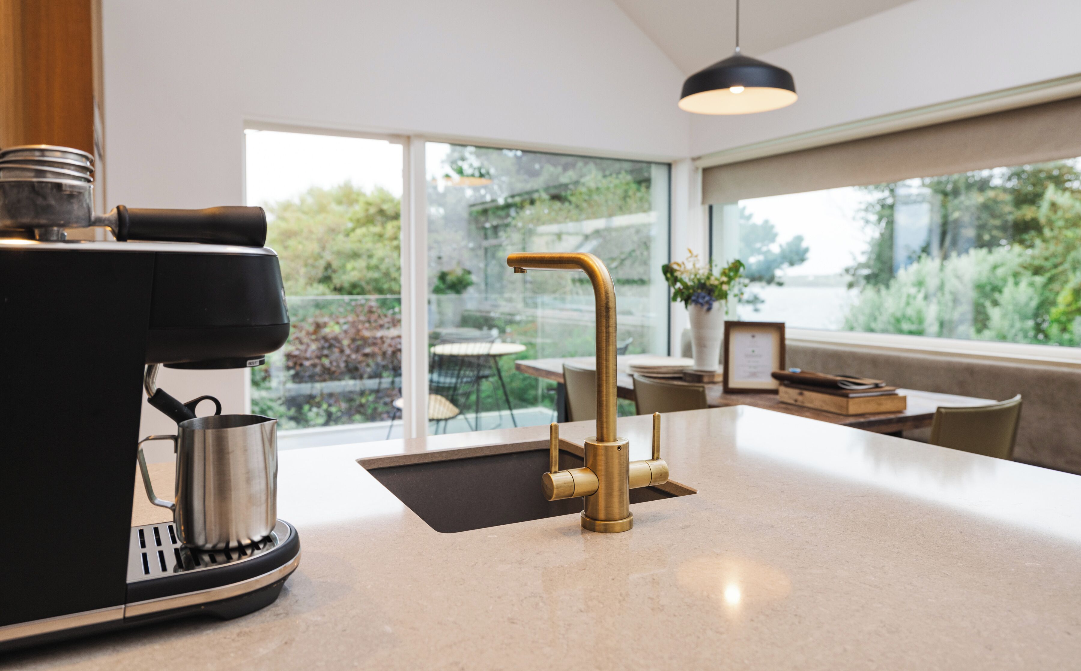 Full-sized fridge, espresso maker, coffee/tea maker, electric kettle