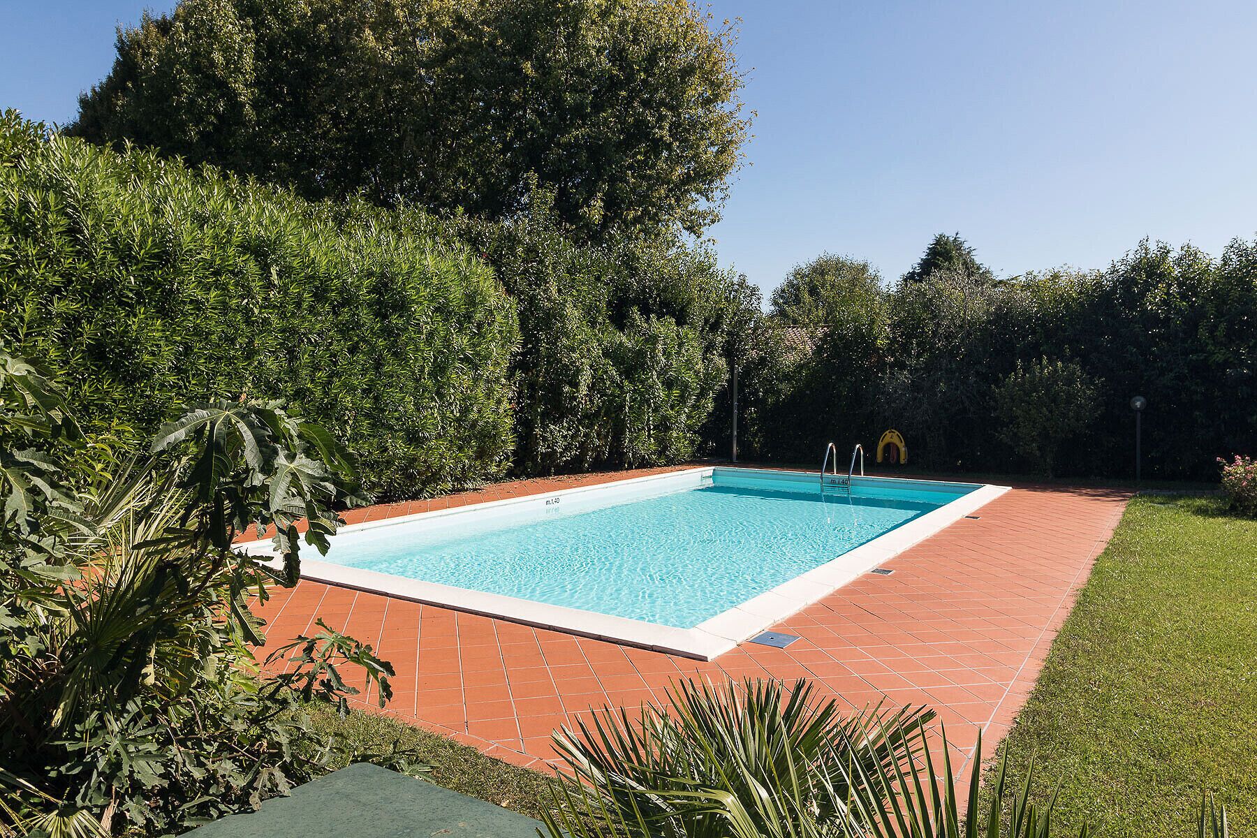 Una piscina rectangular con borde de azulejos, rodeada por un patio de ladrillo y abundante follaje al fondo.