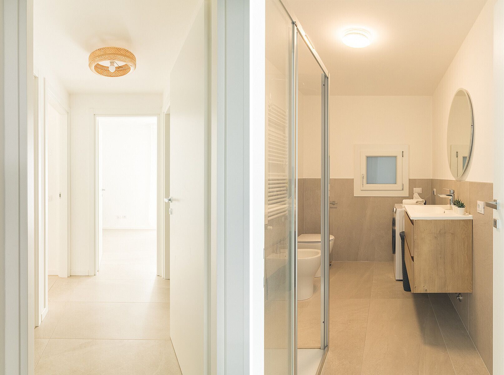A modern bathroom with a glass shower enclosure, a toilet, and a sink with a mirror above.