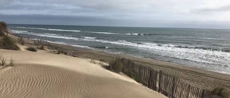 A beach with sand dunes and a wooden fence.