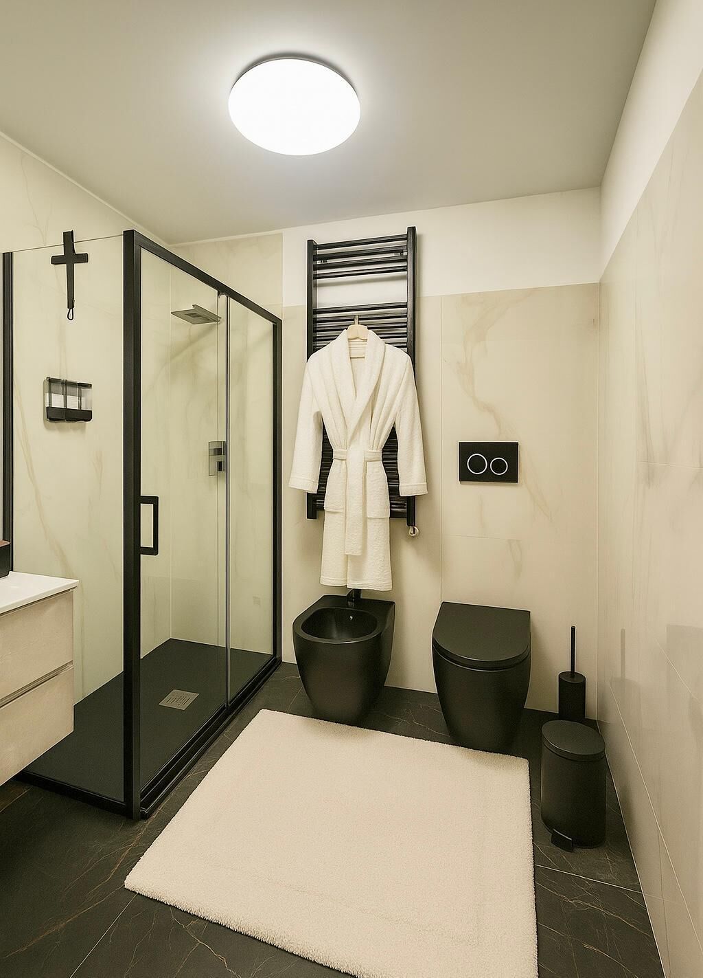 Hair dryer, bidet, towels, soap