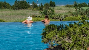 Ein Pool ohne Ende mit klarem, blauem Wasser, umgeben von üppiger Vegetation und Blick auf den Ozean.