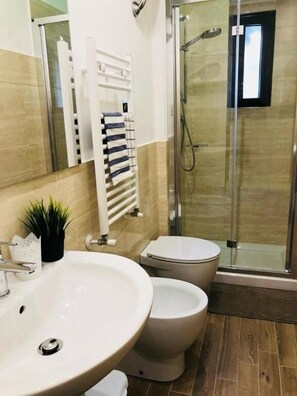 Hair dryer, towels, soap, shampoo