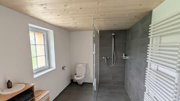 Hair dryer, towels, soap, toilet paper