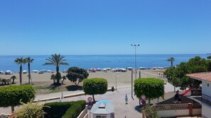 A beachside view with palm trees, a clear sky, and a calm sea. - Apartment 50 meters from the sea (La Cala del Moral)