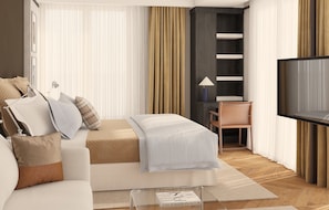 A modern hotel room with a sofa, a chair, a TV, and a bookshelf. - Hotel Madeira (Budva)