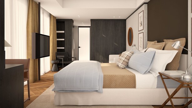 A modern bedroom with a large bed, a TV, a desk, and a bookshelf. - Hotel Madeira (Budva)