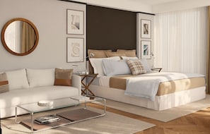 A modern bedroom with a bed, a glass coffee table, a sofa, and a round mirror. - Hotel Madeira (Budva)