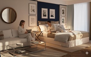 A modern bedroom with a sofa, a glass coffee table, a bed with a headboard, and framed pictures on the wall. - Hotel Madeira (Budva)