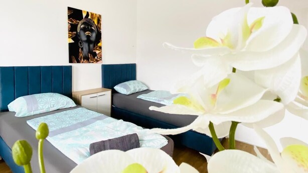 Une chambre moderne avec deux lits, une tête de lit bleue, un tableau au mur et des orchidées blanches.