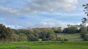 A rural landscape with a wooden bridge, stone wall, and lush green field. - Room-chew Valley Retreat Suite (Bristol)
