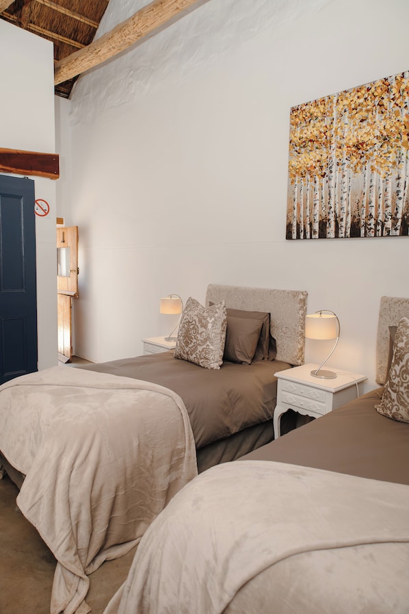Un dormitorio con dos camas, una mesita de noche con lámparas, un cuadro en la pared y una puerta de madera.