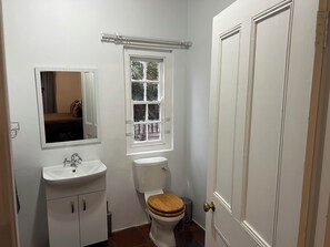 A bathroom with a sink, mirror, toilet, window, and door. - The Old Posthouse (Ladismith)