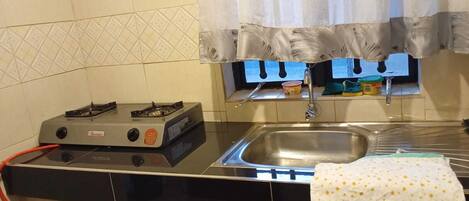 Family Apartment | Private kitchen | Fridge, microwave, cookware/dishes/utensils