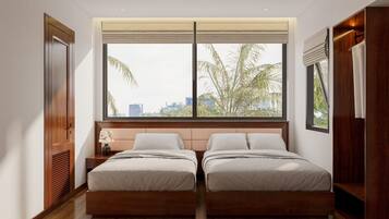 Desk, laptop workspace, blackout drapes, soundproofing