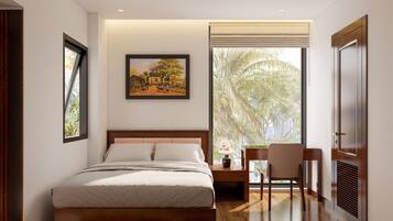 Desk, laptop workspace, blackout drapes, soundproofing