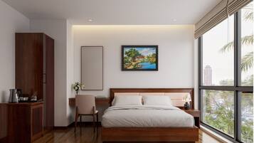 Desk, laptop workspace, blackout drapes, soundproofing