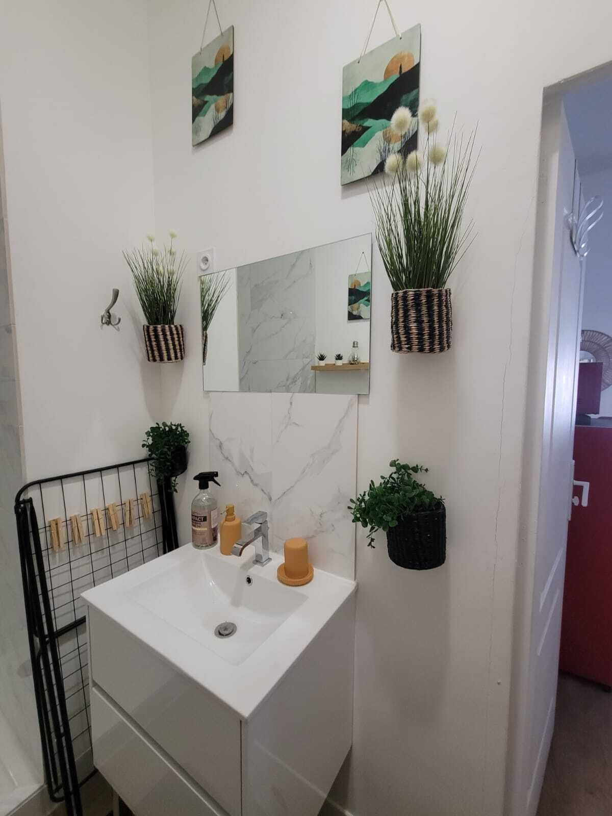 Een badkamer met een witte wastafel, een spiegel en diverse potplanten.
