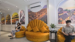Un hall d’entrée doté d’un grand climatiseur, d’un canapé jaune, d’une petite table avec une plante et d’une fresque représentant un paysage urbain.