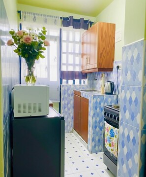 Departamento Deluxe | Cocina privada | Refrigerador, microondas y utensilios de cocina