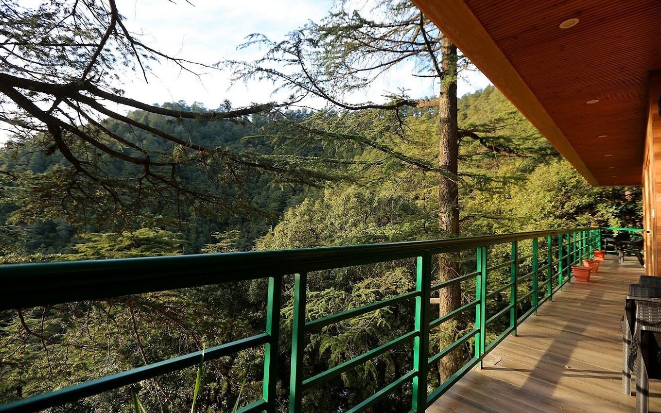 A wooden deck with a green railing overlooking a forested area.
