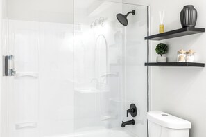 Hair dryer, towels, soap, toilet paper