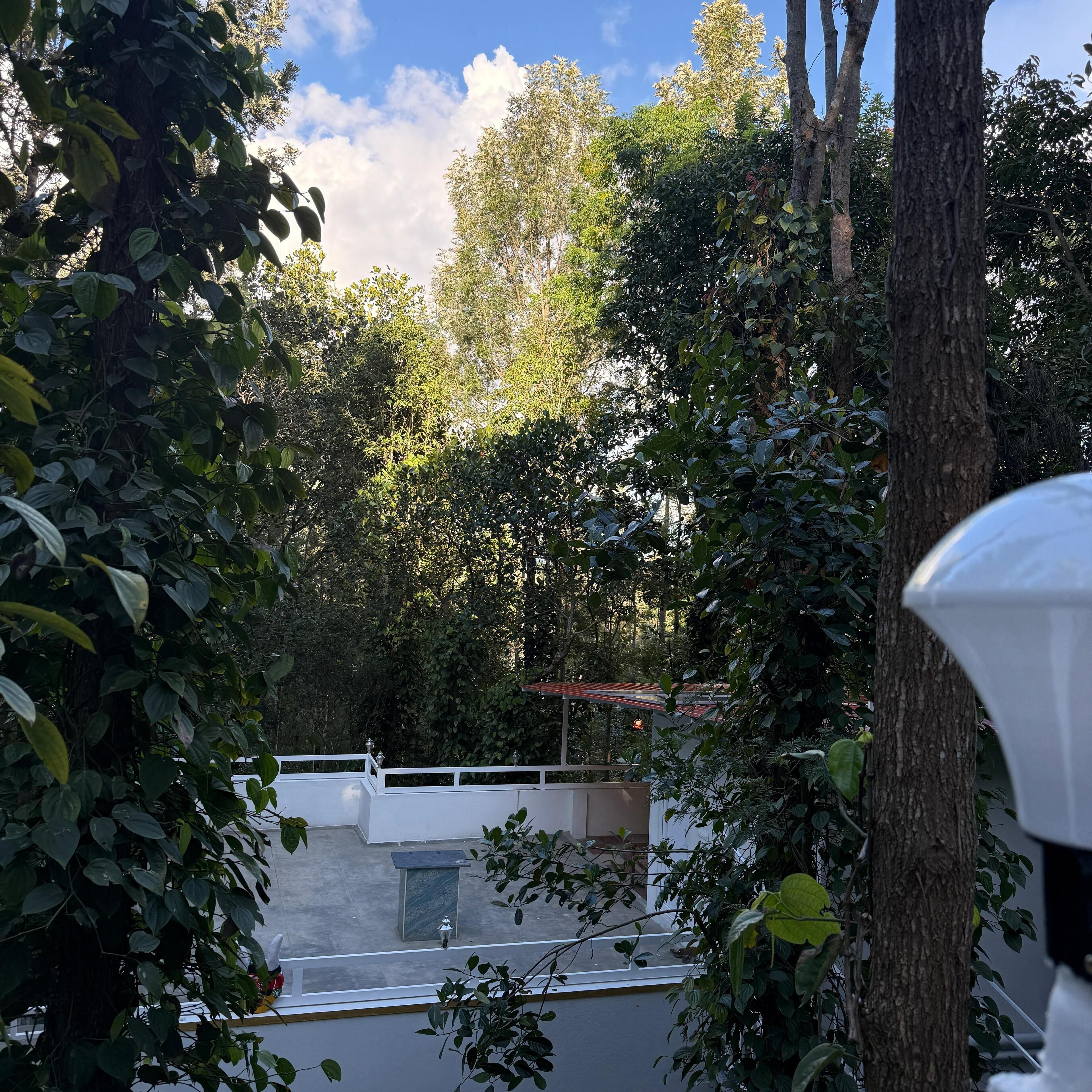 A view of a garden area with a white fence, a small building with a red roof, and dense foliage.