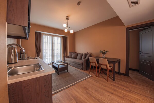 A compact living space with a kitchenette, a sofa, a dining table, and a small rug.