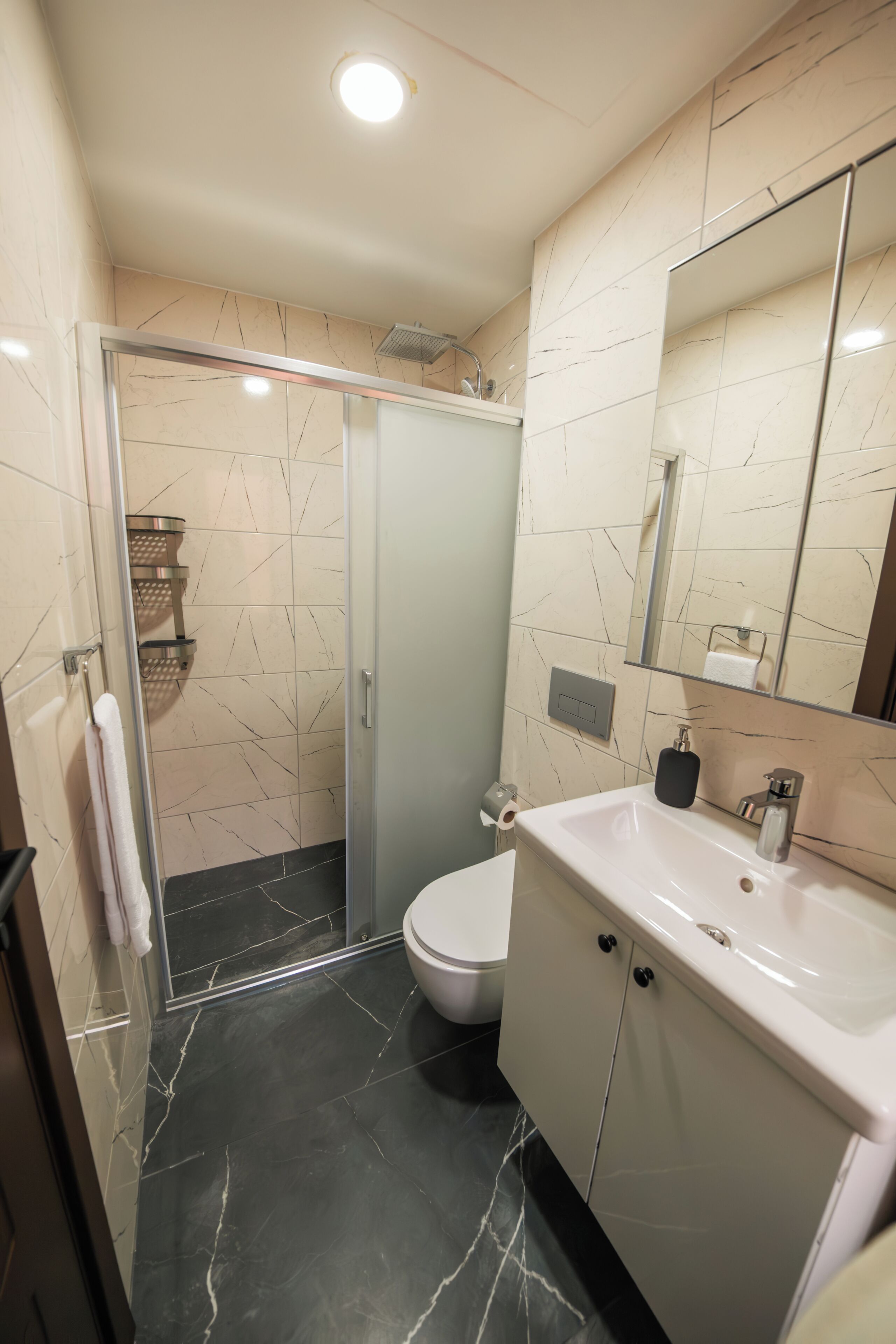 Et moderne badeværelse med en glasbrusekabine, en hvid vask og et toilet.
