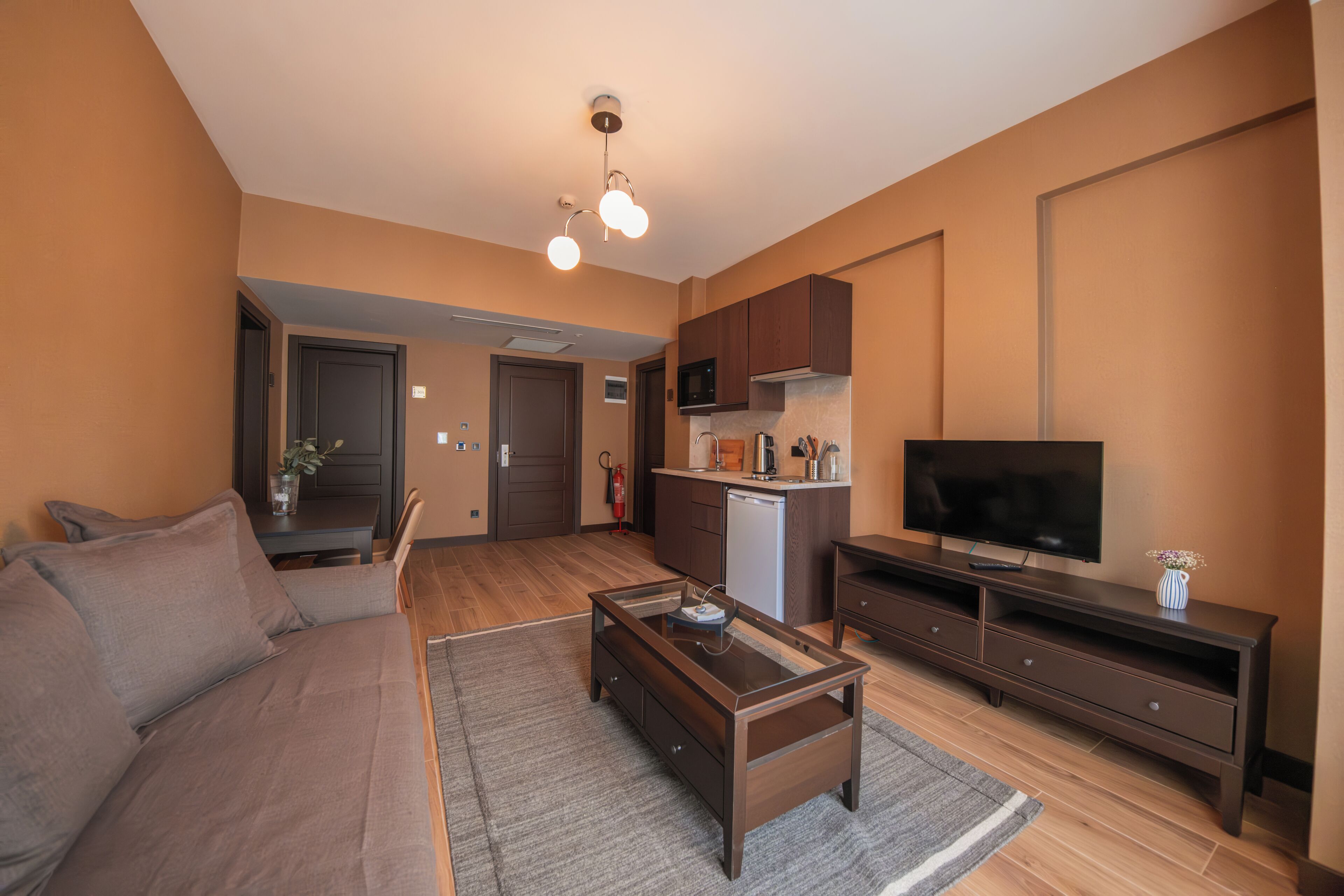 A modern living room with a sofa, coffee table, TV, and kitchen area.