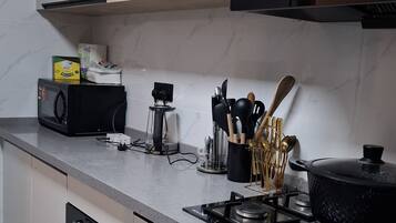 Deluxe Apartment, City View | Private kitchen | Fridge, microwave, cookware/dishes/utensils