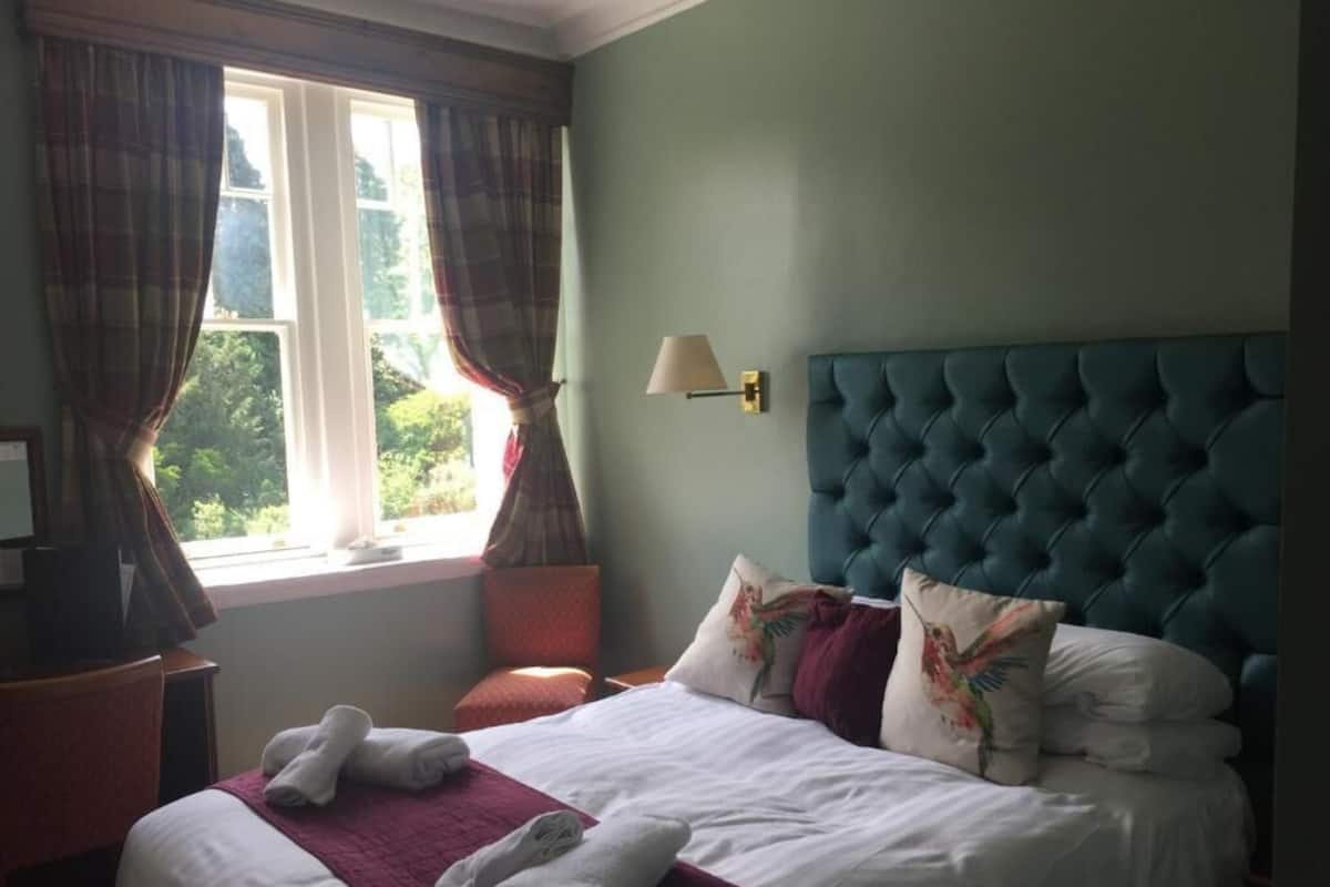A neatly made bed with white linens and a red blanket, a blue tufted headboard, and a window with curtains.