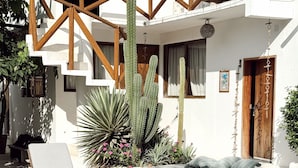 A poolside area with a lounge chair, a concrete staircase, and a cactus garden. - Casa Leone La Punta (Brisas de Zicatela)