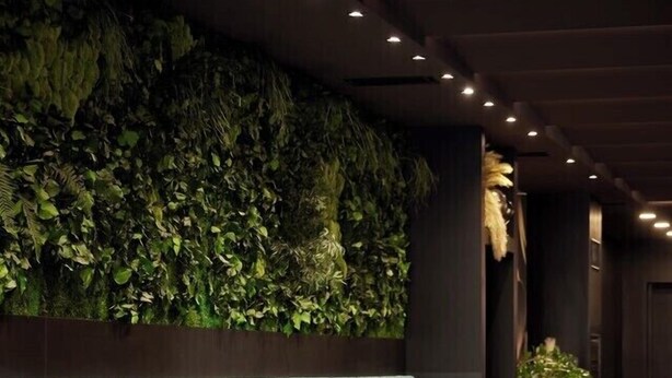 A restaurant with a long blue bench seating area, tables with chairs, and a wall covered in green foliage. - HOTEL SPIGAMONTI (Negrar)