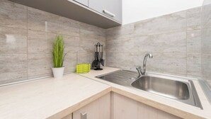A kitchen with a sink, cabinets, and a potted plant. - Balen House (Novalja)