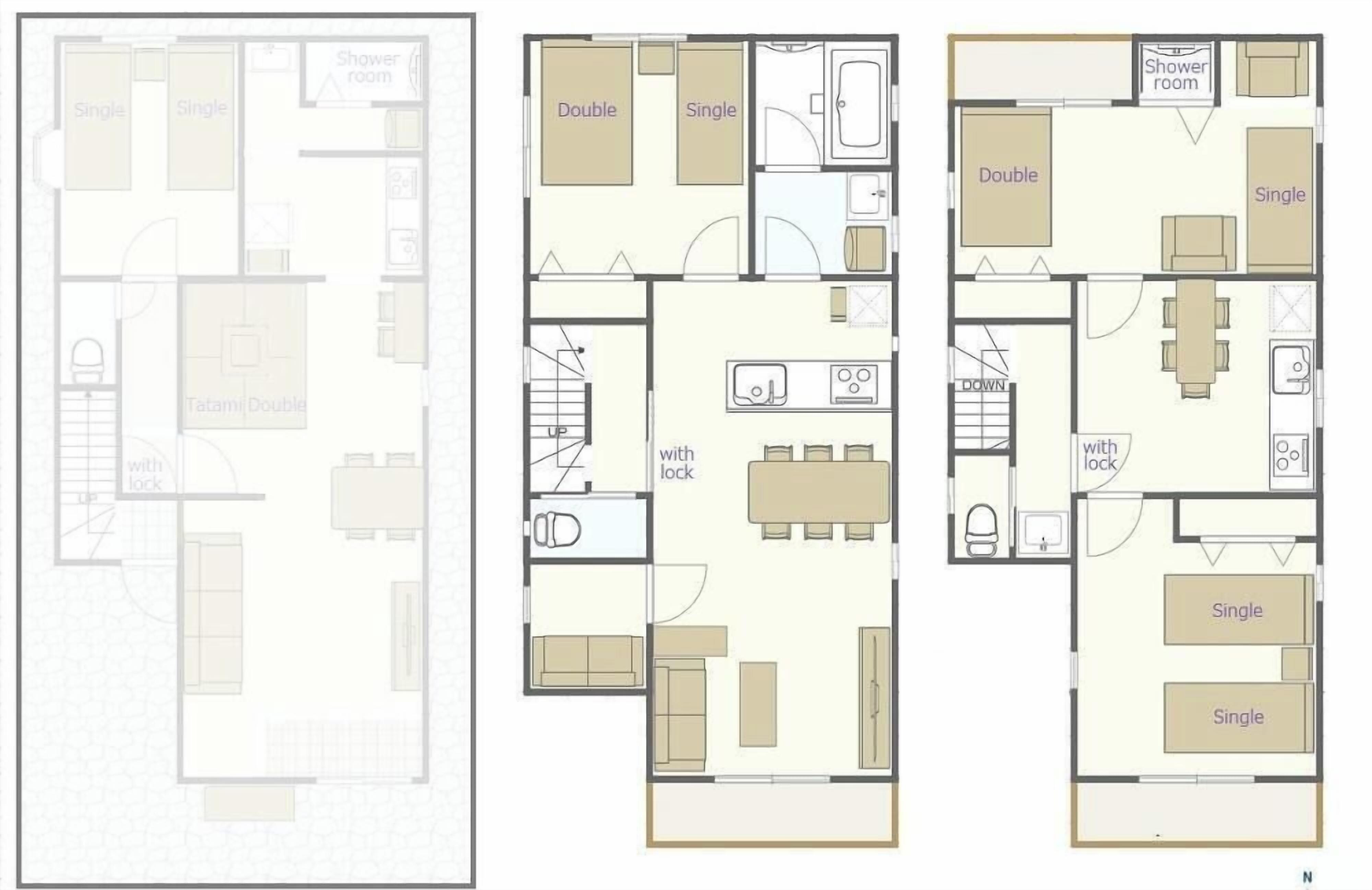A hotel floor plan with single and double rooms, a shared bathroom, and a kitchen area.