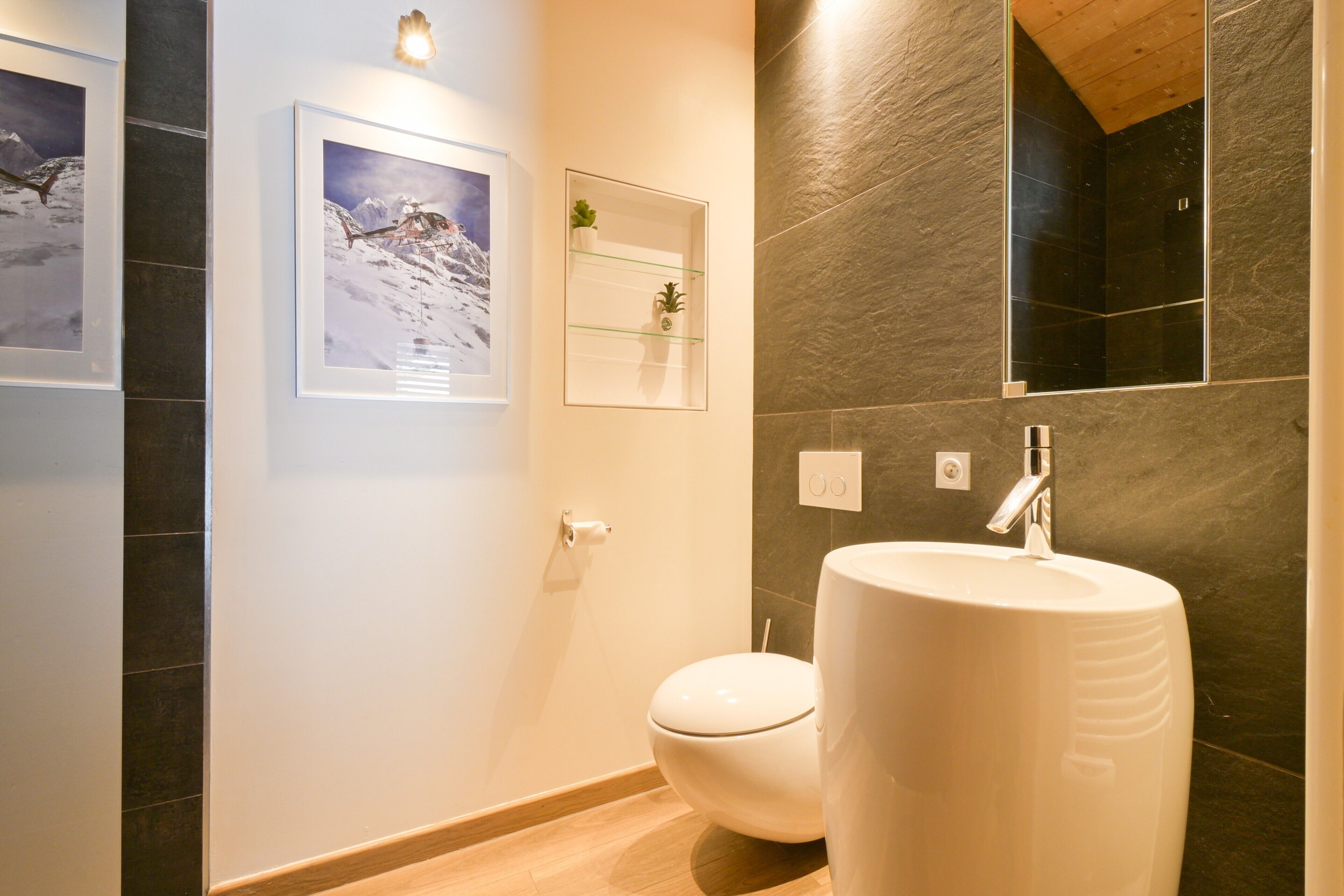 Een moderne badkamer met toilet, een ruim wastafelmeubel, een ingelijst schilderij en een klein plankje met planten.