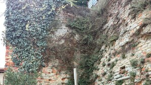 Uma banheira de madeira com um poste de metal, em frente a uma parede de pedra coberta de hera.
