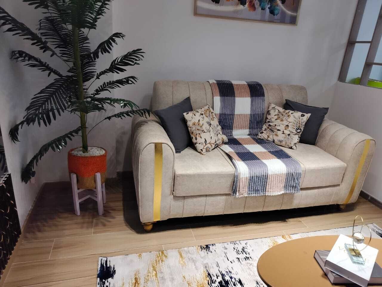 A living room with a beige sofa, a large potted plant, and a coffee table.