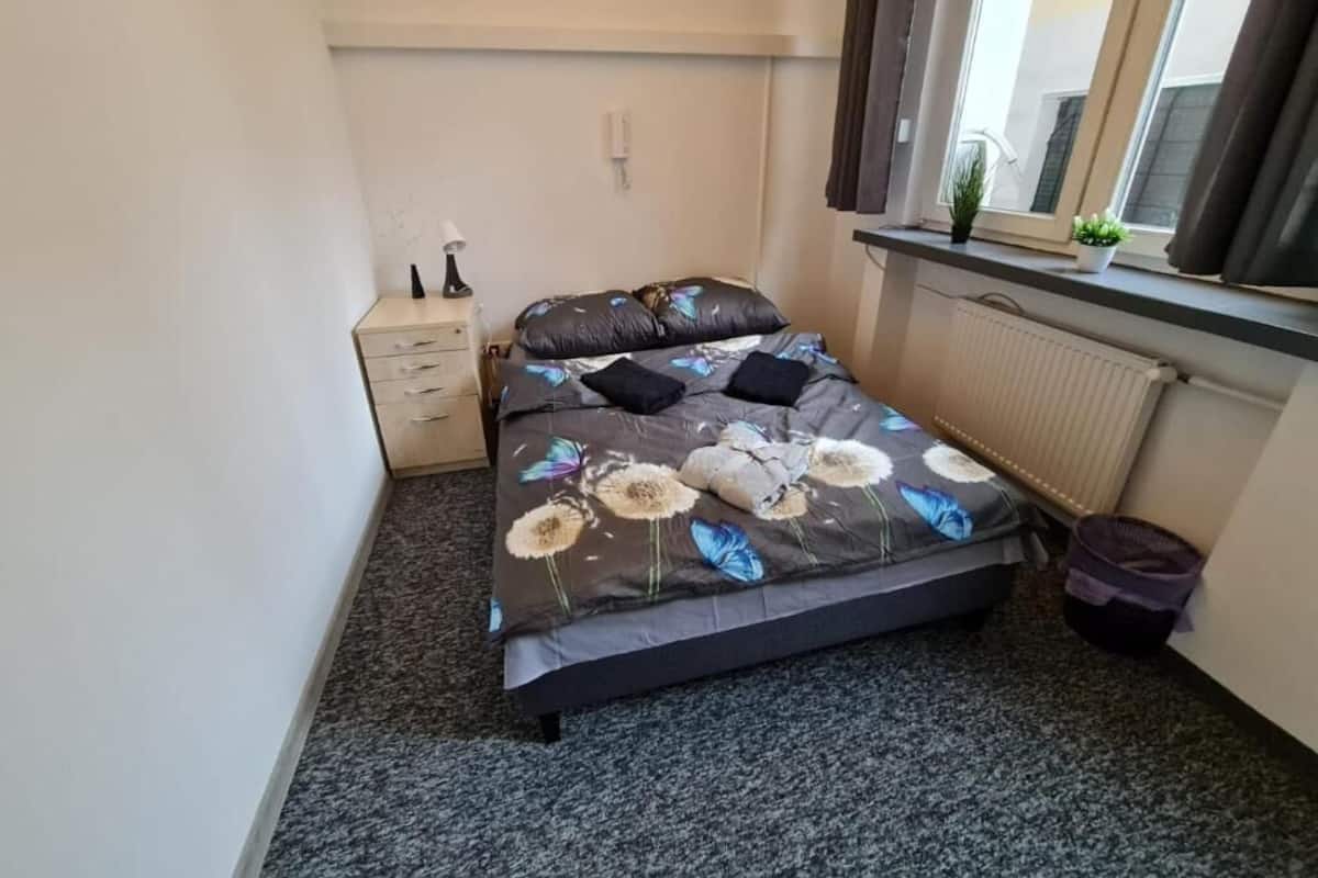 Une chambre à coucher avec un lit, une table de chevet, une lampe, une fenêtre avec des rideaux et un radiateur.